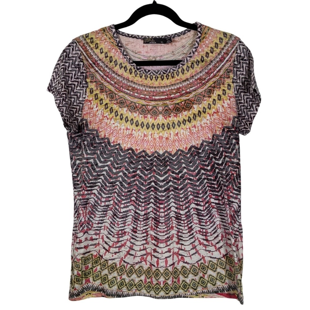 Prana XL Boho Geometric Print Top Festival Earthy Eclectic Resortwear Tee